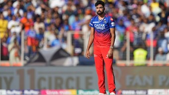 Royal Challengers Bengaluru's Mohammed Siraj reacts during the match against Gujarat Titans in IPL 2024. AP