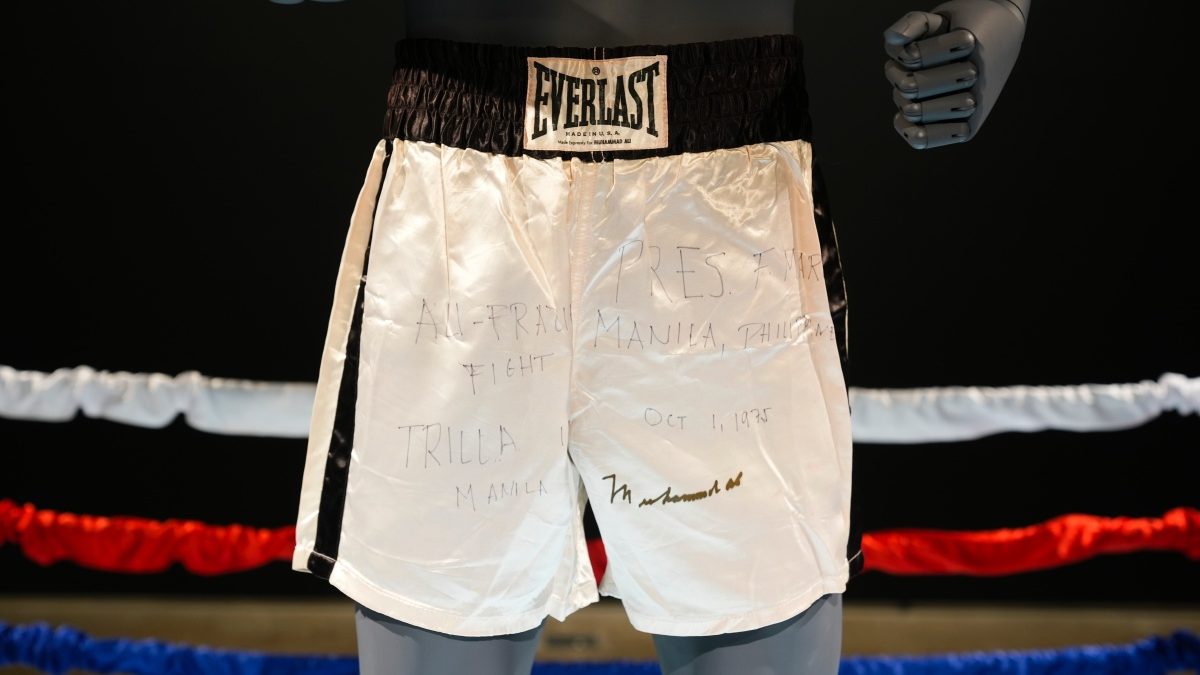 Boxing shorts worn by Muhammad Ali during his bout in the Philippines in 1975. AP Boxing shorts worn by Muhammad Ali during his bout in the Philippines in 1975. AP
