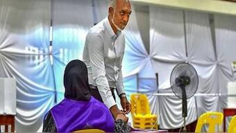 Maldives's President Mohamed Muizzu arrives to cast his ballot for parliamentary election at a polling station in Mali, Maldives, Sunday, April 21, 2024.  Image: PTI 