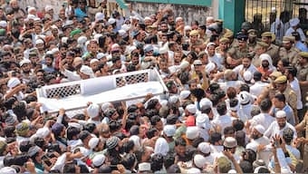 (File) People gather during the funeral procession of gangster-turned-politician Mukhtar Ansari, in Ghazipur, on 30 March, 2024. PTI