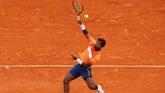 Sumit Nagal in action against Holger Rune during the Montwe Carlo Masters on Wednesday. Reuters 