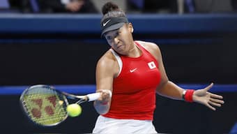 Japan's Naomi Osaka during a Billie Jean King Cup match against Kazakhstan. AP