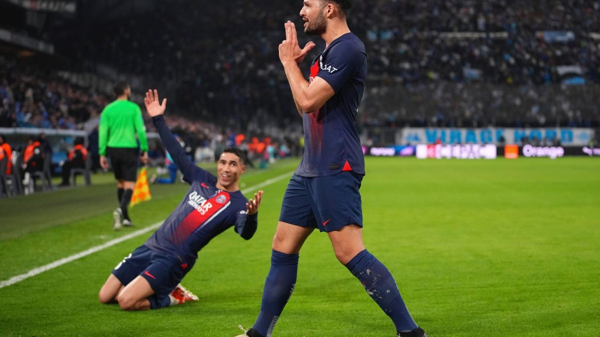 PSG's Goncalo Ramos (R) celebrates with Achraf Hakimi after scoring his side's second goal against Marseille in Ligue 1. AP PSG's Goncalo Ramos (R) celebrates with Achraf Hakimi after scoring his side's second goal against Marseille in Ligue 1. AP