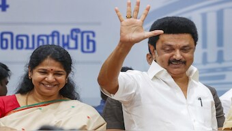Tamil Nadu CM MK Stalin with DMK leader Kanimozhi during the release of party's poll manifesto in Chennai on 20 March 2024. PTI File Photo