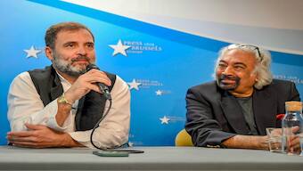 Congress leader Rahul Gandhi speaks during a media interaction at the Brussels Press Club, Belgium, Friday, 8 September 2023. Indian Overseas Congress Chairman Sam Pitroda is also seen. PTI