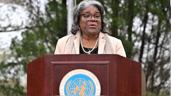U.S. Ambassador to the United Nations Linda Thomas-Greenfield speaks to reporters at the U.S. Army base Camp Bonifas in Paju near the truce village of Panmunjom, South Korea April 16, 2024.- Reuters