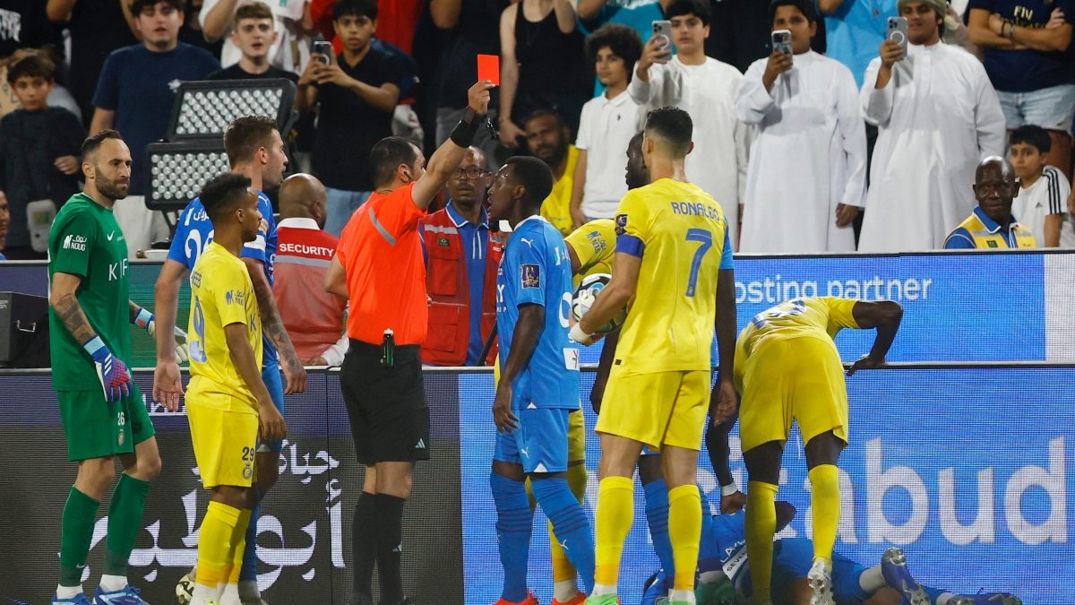 Al Nassr's Cristiano Ronaldo is shown a red card after clashing with Al Hilal's Ali Al Bulayhi in the Saudi Super Cup semi-final. Reuters Al Nassr's Cristiano Ronaldo is shown a red card after clashing with Al Hilal's Ali Al Bulayhi in the Saudi Super Cup semi-final. Reuters