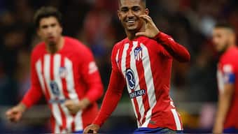 Atletico Madrid's Samuel Lino celebrates their third  goal against Athletic Bilbao in La Liga. Reuters