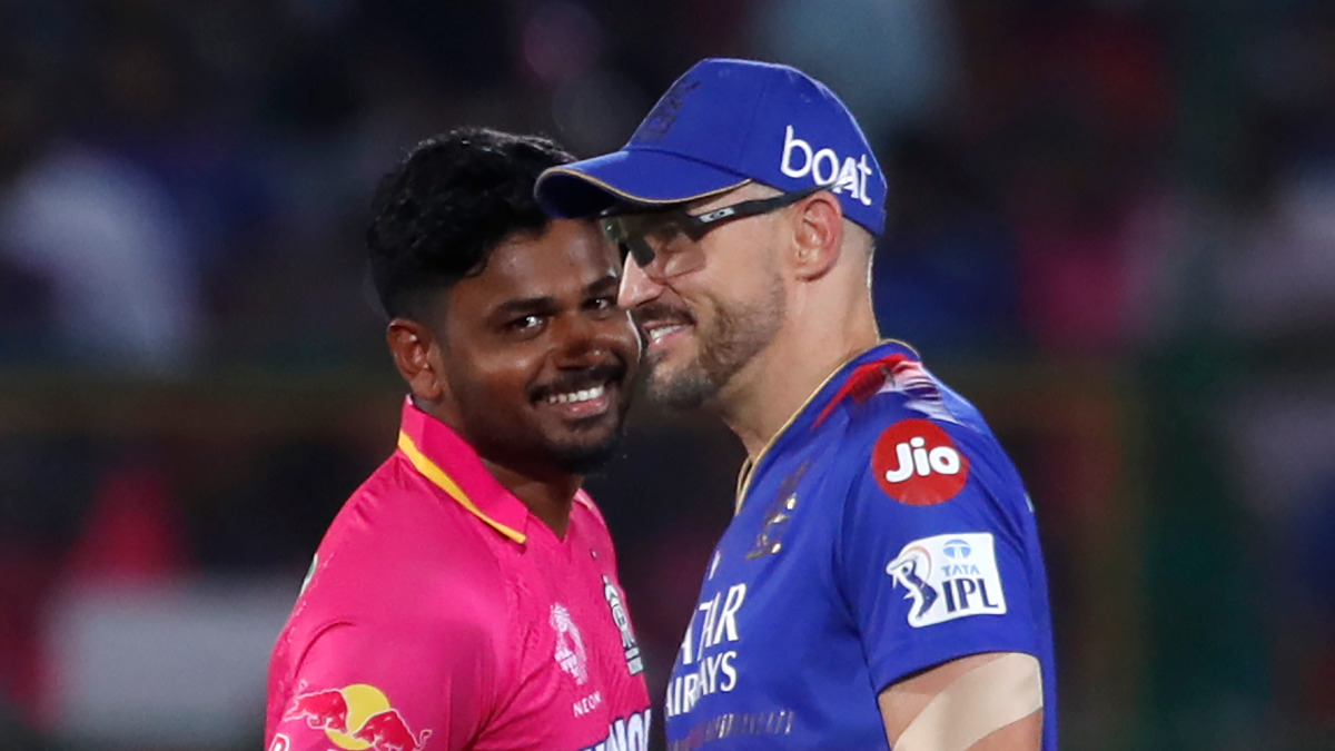 Rajasthan Royals captain Sanju Samson with Royal Challengers Bengaluru counterpart Faf du Plessis at the toss during Match 19 of IPL 2024 in Jaipur. AP Rajasthan Royals captain Sanju Samson with Royal Challengers Bengaluru counterpart Faf du Plessis at the toss during Match 19 of IPL 2024 in Jaipur. AP