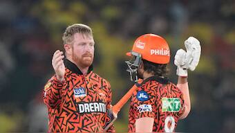 Heinrich Klaasen celebrates with Nitish Reddy after Sunrisers Hyderabad's six-wicket victory over Chennai Super Kings in Hyderabad. AP