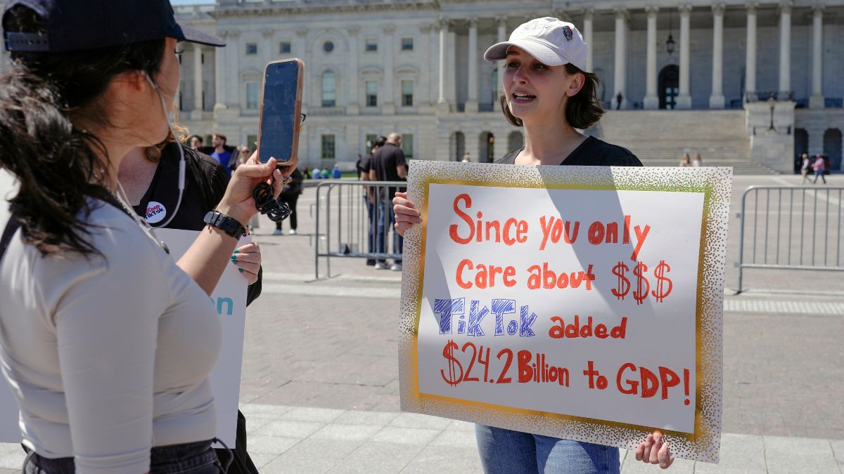 A TikTok content creator, speaks to reporters outside the US Capitol on 23 April, 2024. AP A TikTok content creator, speaks to reporters outside the US Capitol on 23 April, 2024. AP