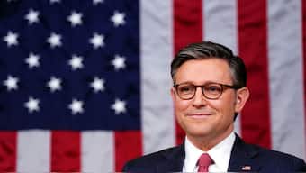 Speaker of the House Mike Johnson stands in the House of Representatives. Reuters file