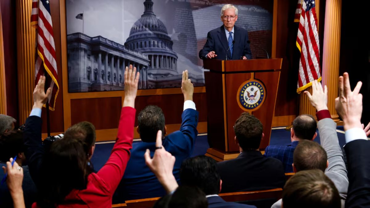 Senate Minority Leader Mitch McConnell (R-KY) speaks during a press conference as the U.S. Senate begins consideration of a $95 billion Ukraine-Israel aid package, on Capitol Hill in Washington, U.S., April 23, 2024. REUTERS Senate Minority Leader Mitch McConnell (R-KY) speaks during a press conference as the U.S. Senate begins consideration of a $95 billion Ukraine-Israel aid package, on Capitol Hill in Washington, U.S., April 23, 2024. REUTERS