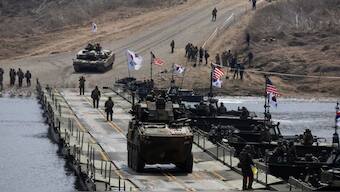  South Korean Anti-Aircraft Gun Wheeled Vehicle System participates in the joint river-crossing exercise conducted for South Korean and US soldiers in Yeoncheon, Gyeonggi province, South Korea, 20 March 2024. JEON HEON-KYUN/Pool via REUTERS/File Photo 