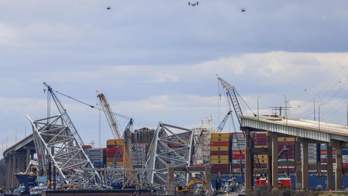The collapsed Francis Scott Key Bridge in Baltimore. Source: AP The collapsed Francis Scott Key Bridge in Baltimore. Source: AP