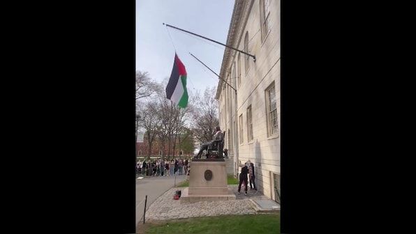 Watch: Anti-Israel protesters hoist Palestinian flag in Harvard University in spot reserved for American flag