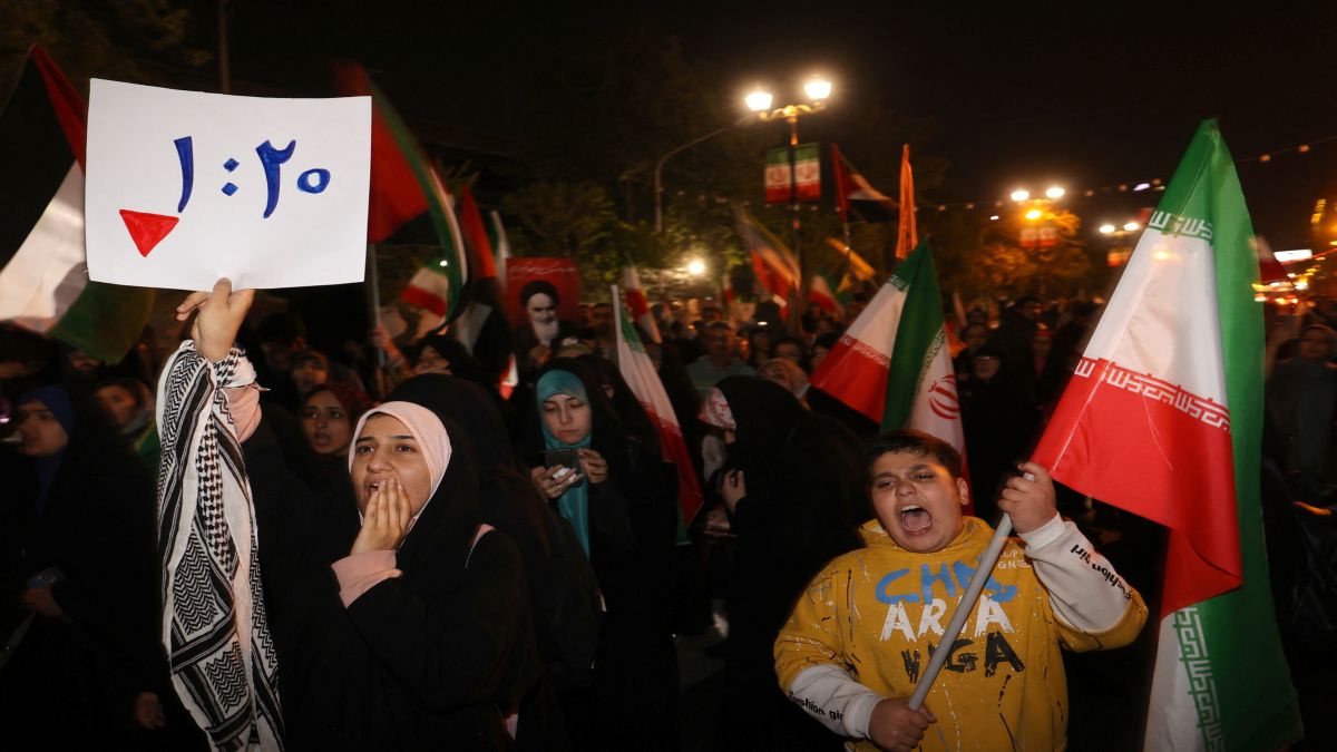 Iranian demonstrators react after the IRGC attack on Israel, during an anti-Israeli gathering in front of the British Embassy in Tehran, Iran. Reuters Iranian demonstrators react after the IRGC attack on Israel, during an anti-Israeli gathering in front of the British Embassy in Tehran, Iran. Reuters
