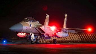 Israeli Air Force F-15 Eagle is pictured at an air base, said to be following an interception mission of an Iranian drone and missile attack on Israel, in this handout image from 14 April. Israel Defense Forces/Handout via Reuters