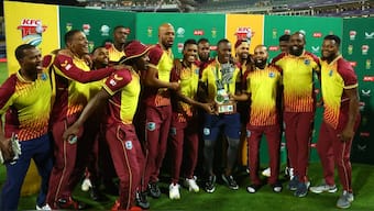 West Indies players celebrate after winning a T20I series against South Africa in December 2023. Reuters 