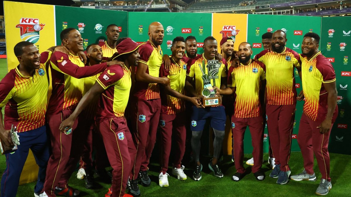 West Indies players celebrate after winning a T20I series against South Africa in December 2023. Reuters West Indies players celebrate after winning a T20I series against South Africa in December 2023. Reuters
