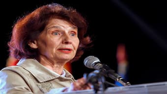 North Macedonia Opposition party VMRO-DPMNE presidential candidate Gordana Siljanovska-Davkova reacts during an electoral meeting in Kumanovo, North Macedonia. Reuters 