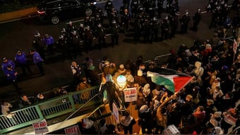 (File) Demonstrators face off with NYPD officials outside the main entrance of Columbia University, as they stand in solidarity with the ongoing protests in support of Palestinians happening on the university campus, during the ongoing conflict between Israel and the Palestinian Islamist group Hamas, in New York City, on 24 April, 2024. Reuters