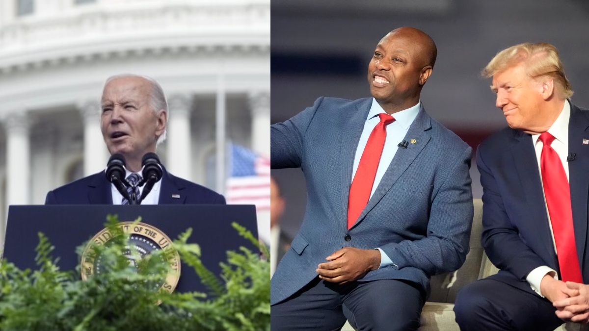 US President Joe Biden, left, South Carolina Senator Tim Scott with Former US President Donald Trump, right. Source: AP US President Joe Biden, left, South Carolina Senator Tim Scott with Former US President Donald Trump, right. Source: AP