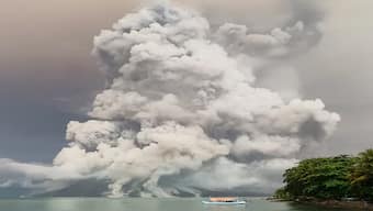  Mount Ruang volcano as seen from Tagulandang island in North Sulawesi. Source: AFP