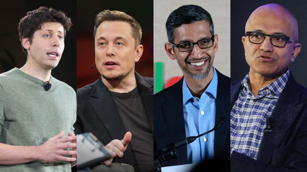 OpenAI's Sam Altman, xAI's Elon Musk, Google's Sundar Pichai and Microsoft's Satya Nadella. Composite image. OpenAI's Sam Altman, xAI's Elon Musk, Google's Sundar Pichai and Microsoft's Satya Nadella. Composite image.