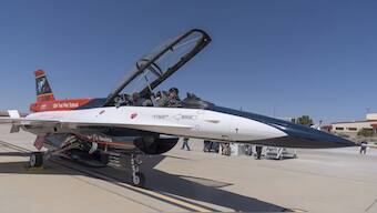 US air force Secretary Frank Kendall sits in the front cockpit of an X-62A VISTA aircraft at Edwards Air Force Base, California on Friday. AP