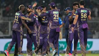 KKR became the first team to enter the IPL 2024 playoffs after their win over MI on Saturday. AP 