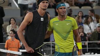 FILE - Spain's Rafael Nadal, right, and Germany's Alexander Zverev will face off in French Open 2024 first round. AP