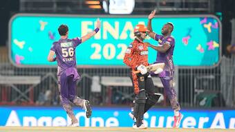 Mitchell Starc celebrates the dismissal of Abhishek Sharma during the KKR-SRH IPL final in Chennai on Sunday. AP 