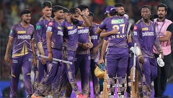 Kolkata Knight Riders players celebrate after beating Sunrisers Hyderabad (SRH) in the final of IPL 2024 to lift their third title. AP 