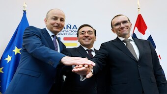 From right, Norway's foreign minister Espen Barth Eide, Spain's foreign minister Jose Manuel Albares Bueno and Ireland's foreign minister Micheal Martin pose for a photo, at the end of a media conference, during talks on the Middle East, in Brussels, Monday, 27 May 2024. AP