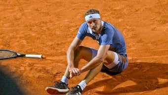 Alexander Zverev fell to the ground during his quarter-final match against Taylor Fritz at the Italian Open tennis tournament in Rome. AP