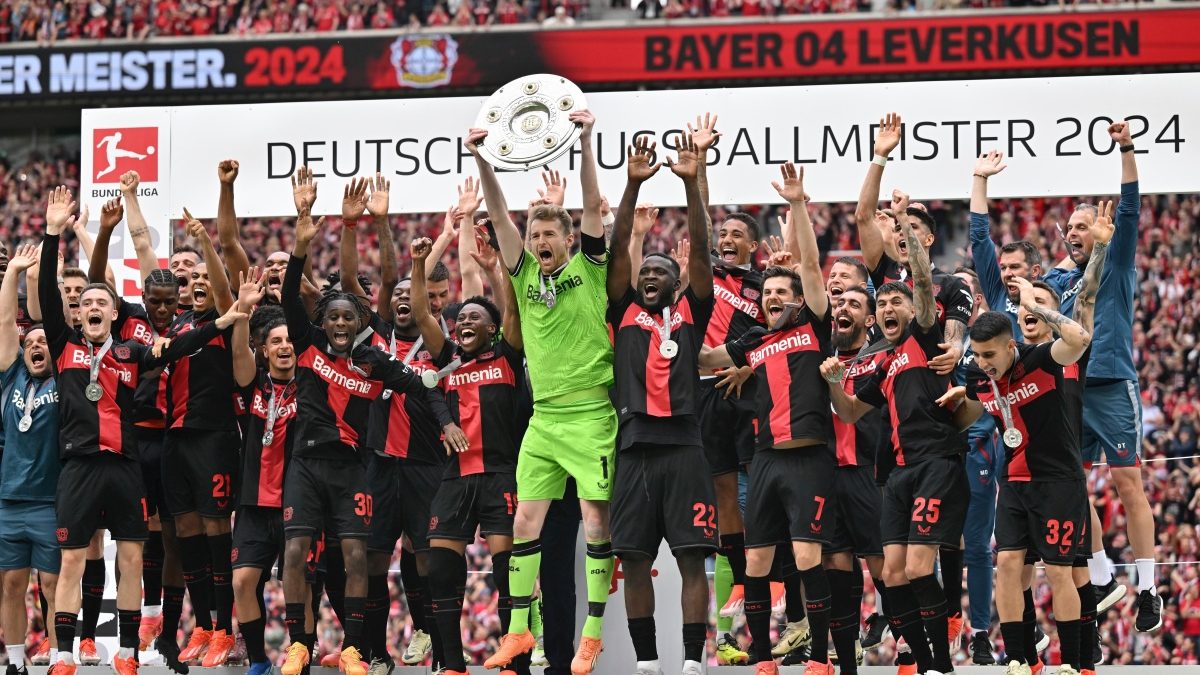 Bayer Leverkusen celebrated the Bundesliga title after going unbeaten throughout - a Bundesliga record. AP Bayer Leverkusen celebrated the Bundesliga title after going unbeaten throughout - a Bundesliga record. AP