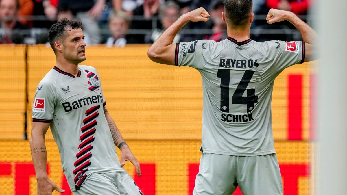 Bayer Leverkusen's Patrik Schick celebrates his side's second goal during the Bundesliga match against Eintracht Frankfurt. AP Bayer Leverkusen's Patrik Schick celebrates his side's second goal during the Bundesliga match against Eintracht Frankfurt. AP