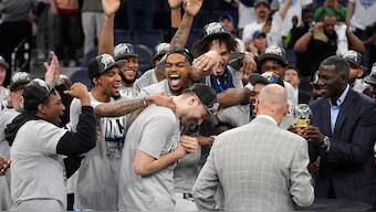 Luka Doncic celebrates with teammates following Dallas Mavericks victory over Minnesota Timberwolves in Game 5 of the Western Conference finals. AP
