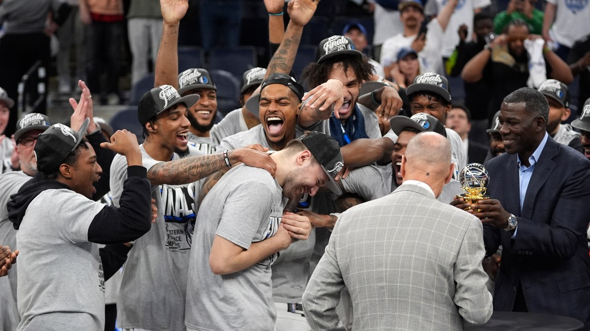 Luka Doncic celebrates with teammates following Dallas Mavericks victory over Minnesota Timberwolves in Game 5 of the Western Conference finals. AP Luka Doncic celebrates with teammates following Dallas Mavericks victory over Minnesota Timberwolves in Game 5 of the Western Conference finals. AP