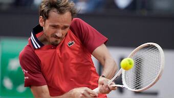 Daniil Medvedev returns  to Serbia's Hamad Medjedovic at the Italian Open tennis tournament in Rome. AP