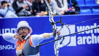 India's Deepika Kumari competes in the women's recurve individual event at the Archery World Cup Stage 1. PTI