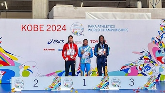 Deepthi Jeevanji on the podium at the World Para Athletics Championships in Kobe, Japan. PTI