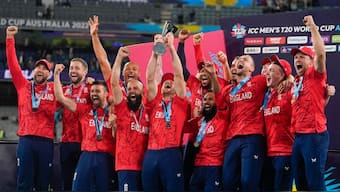 England players celebrate with the trophy after beating Pakistan in the 2022 T20 World Cup final in Melbourne. AP