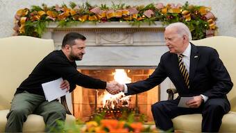 Ukrainian President Volodymyr Zelenskyy and US President Joe Biden. File Image/White House