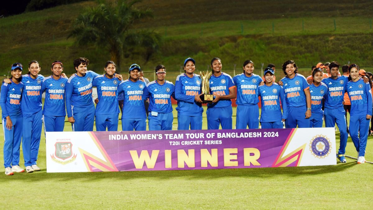 The India women's cricket team poses with the winners' trophy after sweeping the five-match T20I series against Bangladesh in Sylhet on Thursday, 9 May. Image credit: X/@BCBtigers The India women's cricket team poses with the winners' trophy after sweeping the five-match T20I series against Bangladesh in Sylhet on Thursday, 9 May. Image credit: X/@BCBtigers
