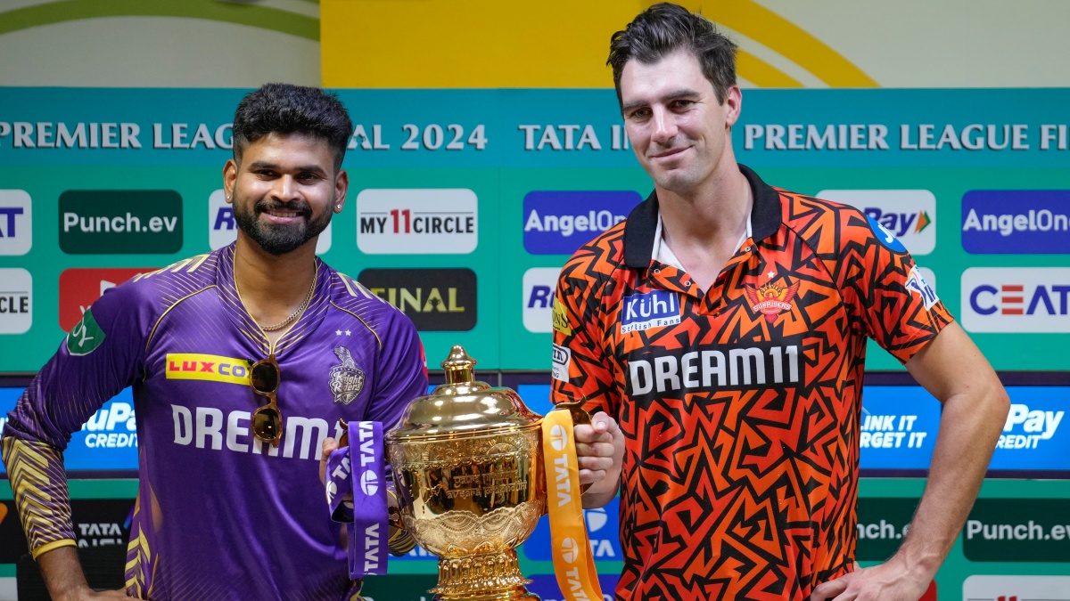 Kolkata Knight Riders captain Shreyas Iyer (L) and Sunrisers Hyderabad skipper Pat Cummins (R) ahead of the 2024 IPL final. AP Kolkata Knight Riders captain Shreyas Iyer (L) and Sunrisers Hyderabad skipper Pat Cummins (R) ahead of the 2024 IPL final. AP