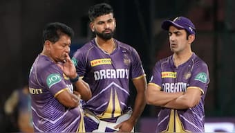 Kolkata Knight Riders captain Shreyas Iyer, coach Chandrakant Pandit and former mentor Gautam Gambhir. PTI