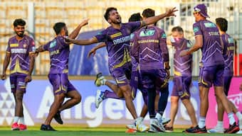 Kolkata Knight Riders players train at Chennai's MA Chidambaram Stadium ahead of the IPL 2024 Final against Sunrisers Hyderabad. PTI
