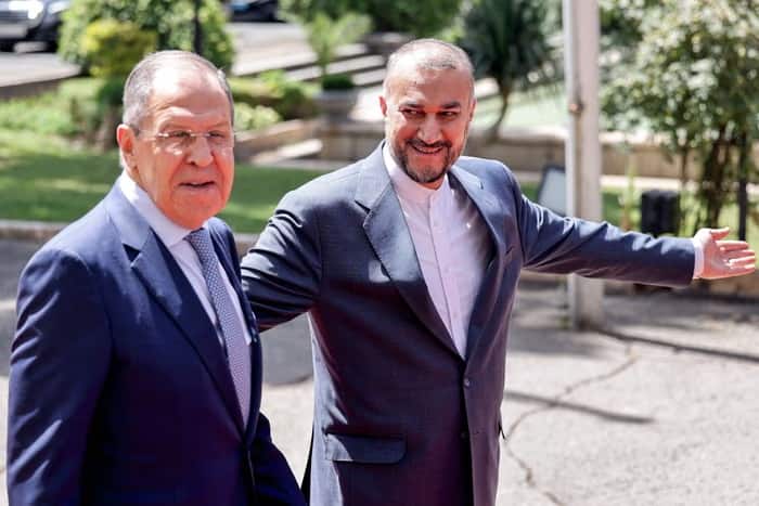 Iran’s Foreign Minister Hossein Amir-Abdollahian receives his Russian counterpart Sergei Lavrov at the foreign ministry headquarters in Iran’s capital Tehran in June 2022. Source: AFP